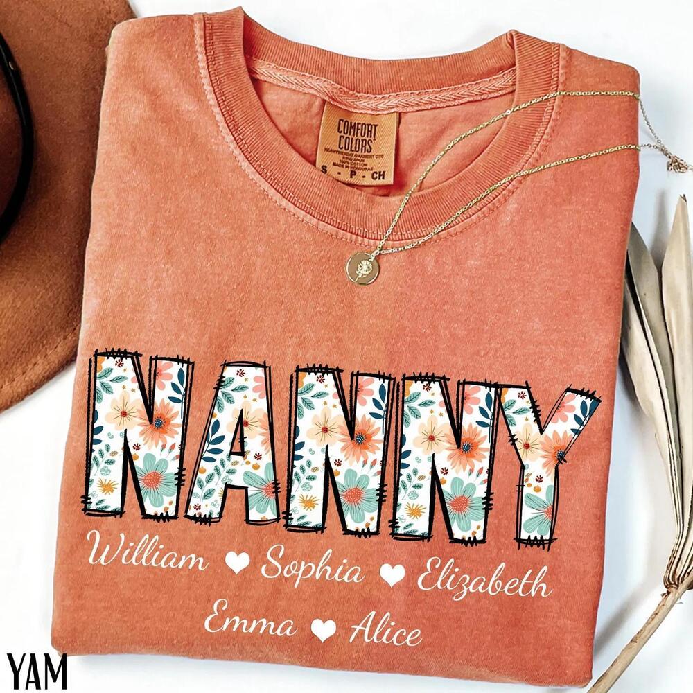 Nanny Shirt With Grandkids Names, Floral Nanny T-Shirt